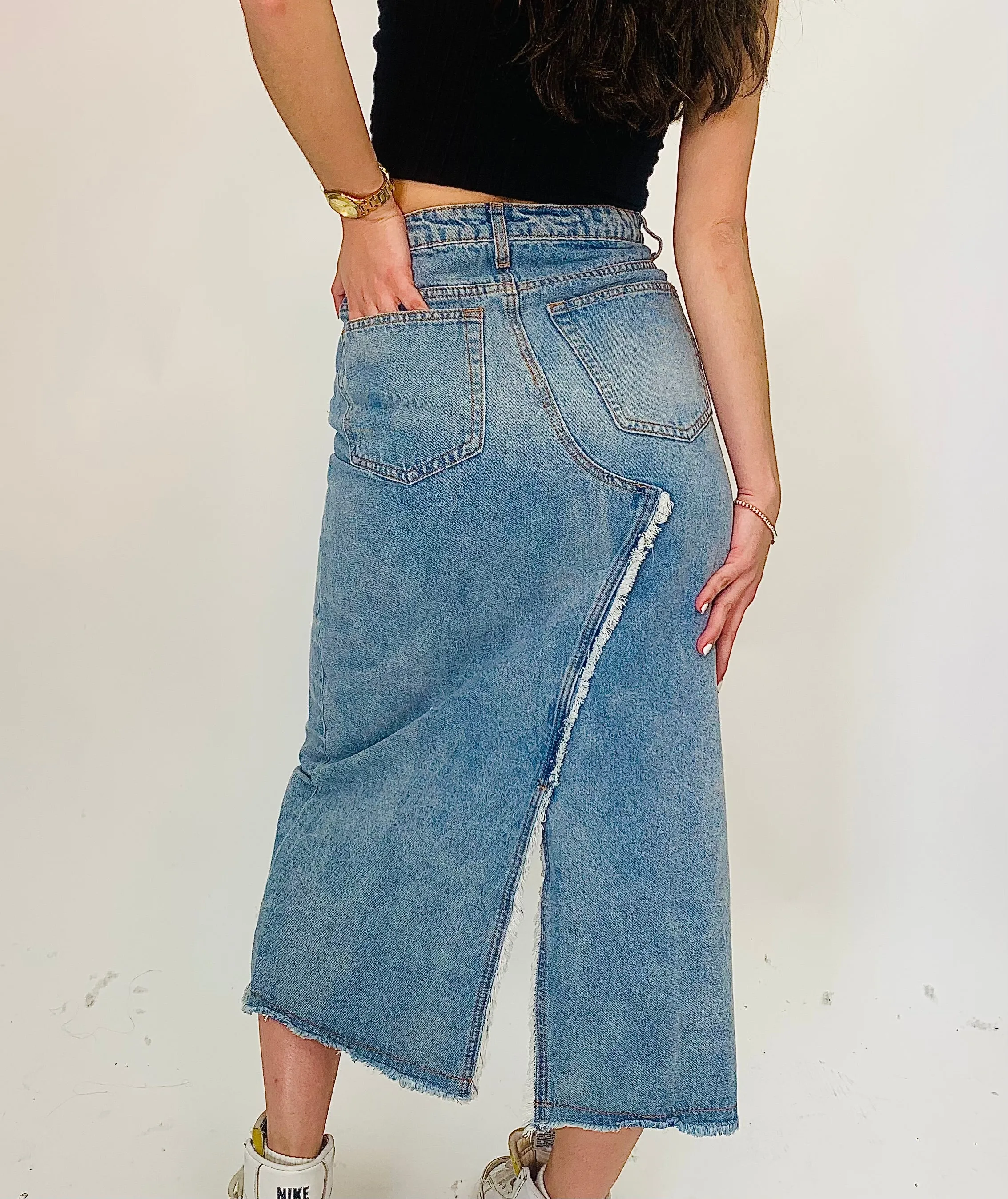 Darsie Denim Midi Slit Skirt