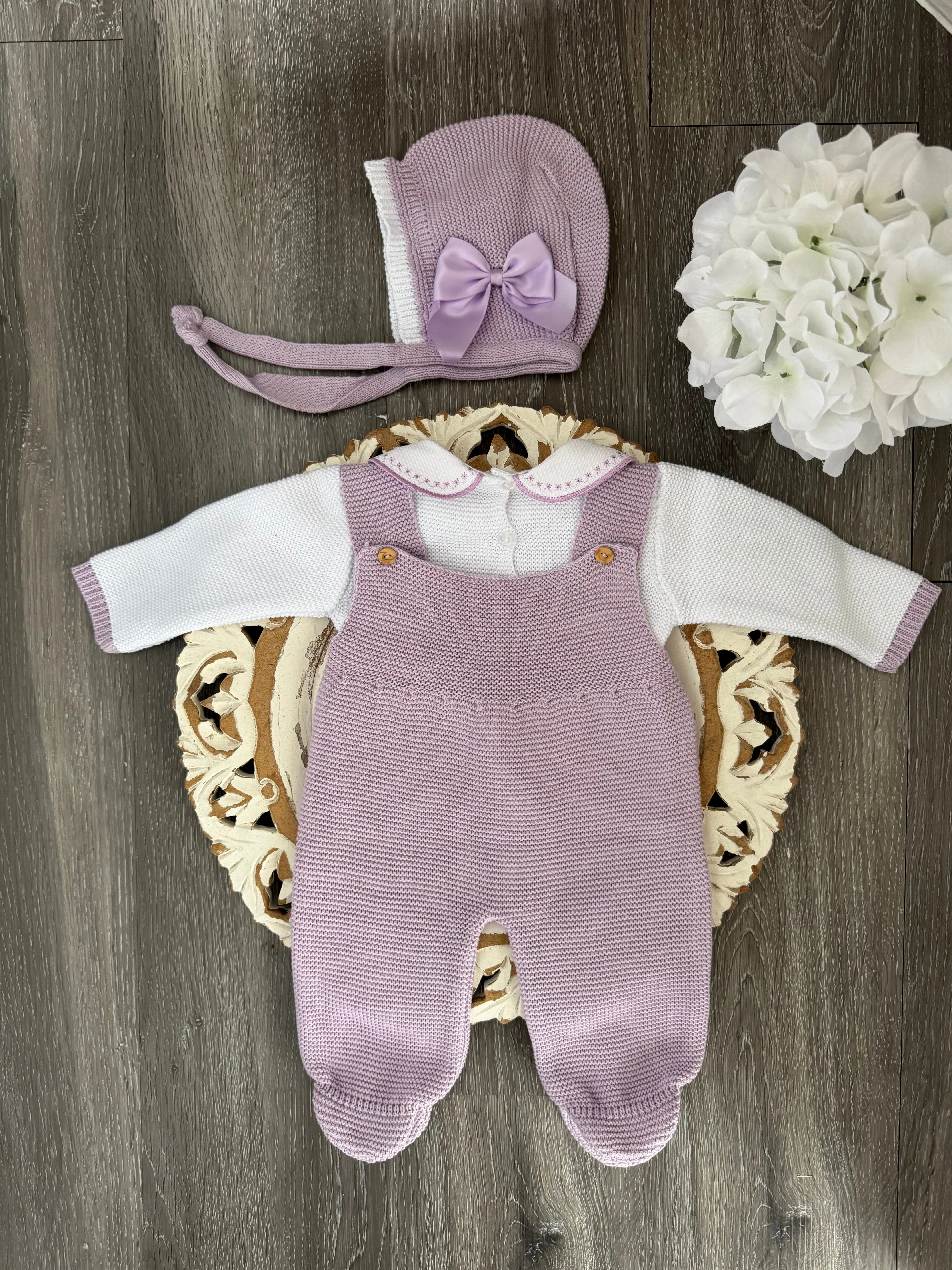 Delicate Lace And Bow Romper Knitted Set With Peter Pan Collar  Purple and White