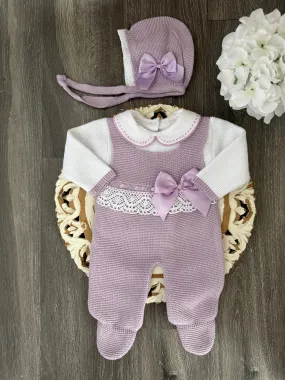 Delicate Lace And Bow Romper Knitted Set With Peter Pan Collar  Purple and White