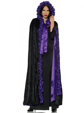 Deluxe Black Velvet Hooded Cloak with Ruffle Purple Satin Trim