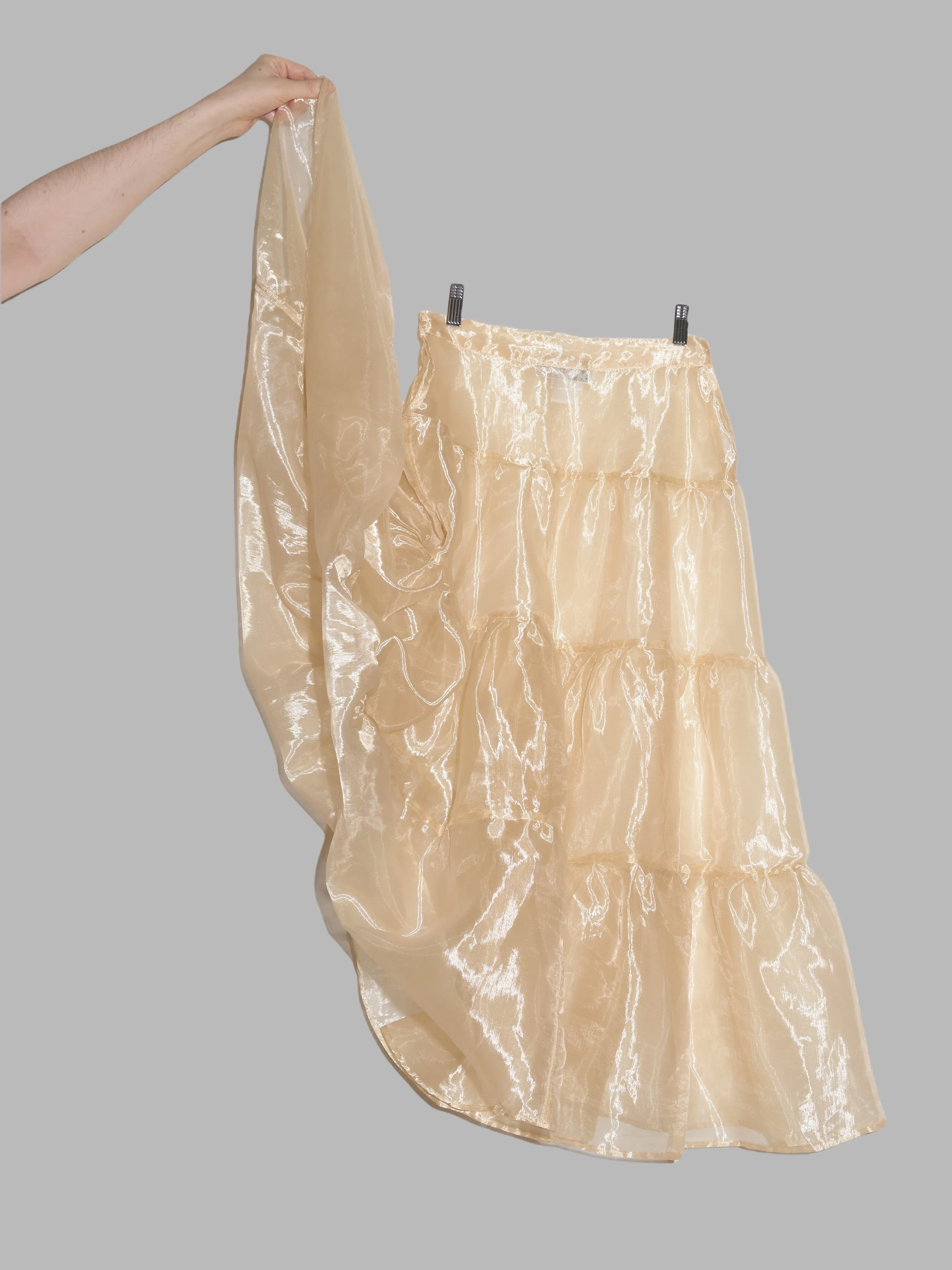 Dexter Wong 1990s gold polyester organza tiered see-through maxi skirt - S