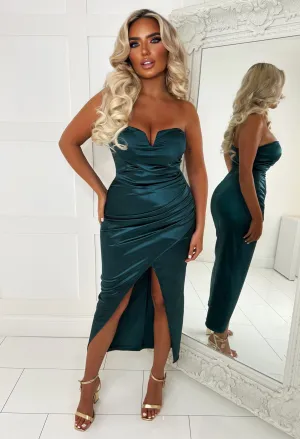 Dream Of You Green Satin Bandeau Wrap Padded Cups Midi Dress