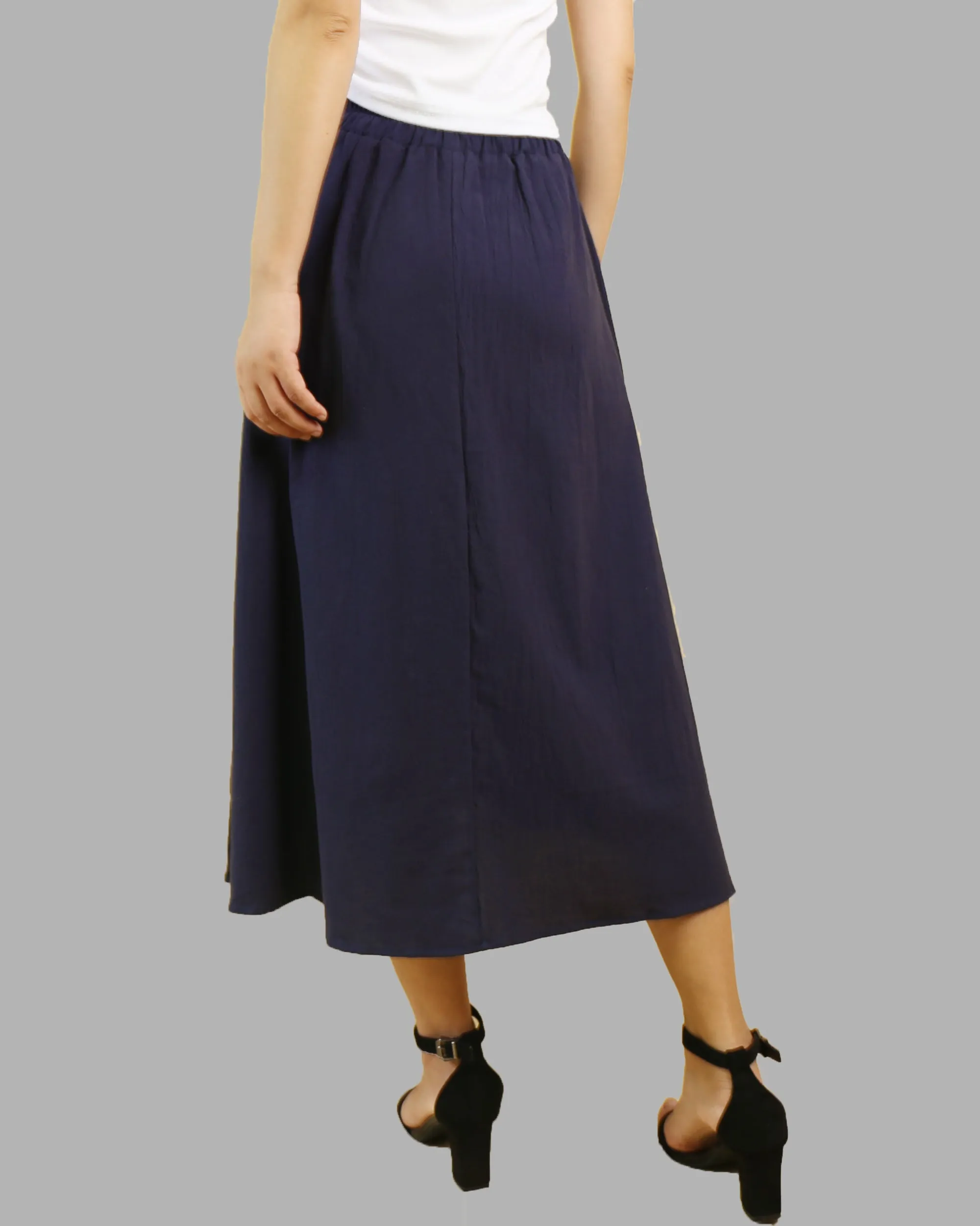 Elastic waist skirt, Midi linen skirt, Boho skirt with pockets, high waist skirt, flared skirt(Q1062)