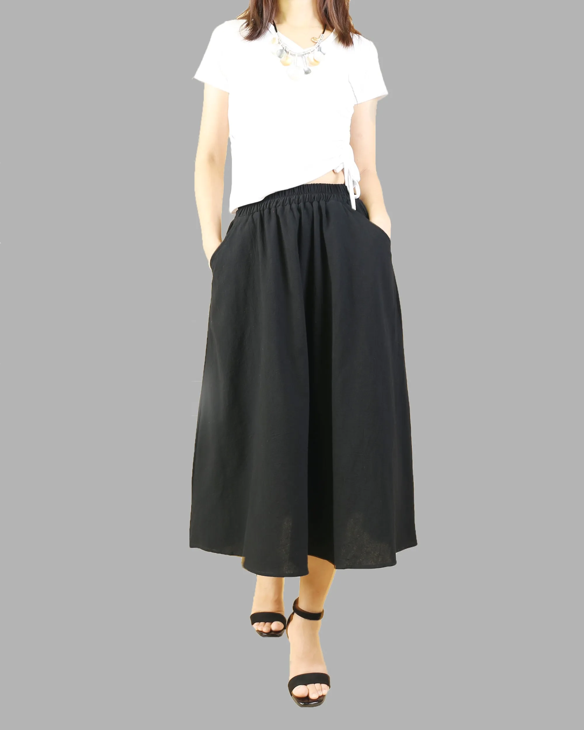 Elastic waist skirt, Midi linen skirt, Boho skirt with pockets, high waist skirt, flared skirt(Q1062)