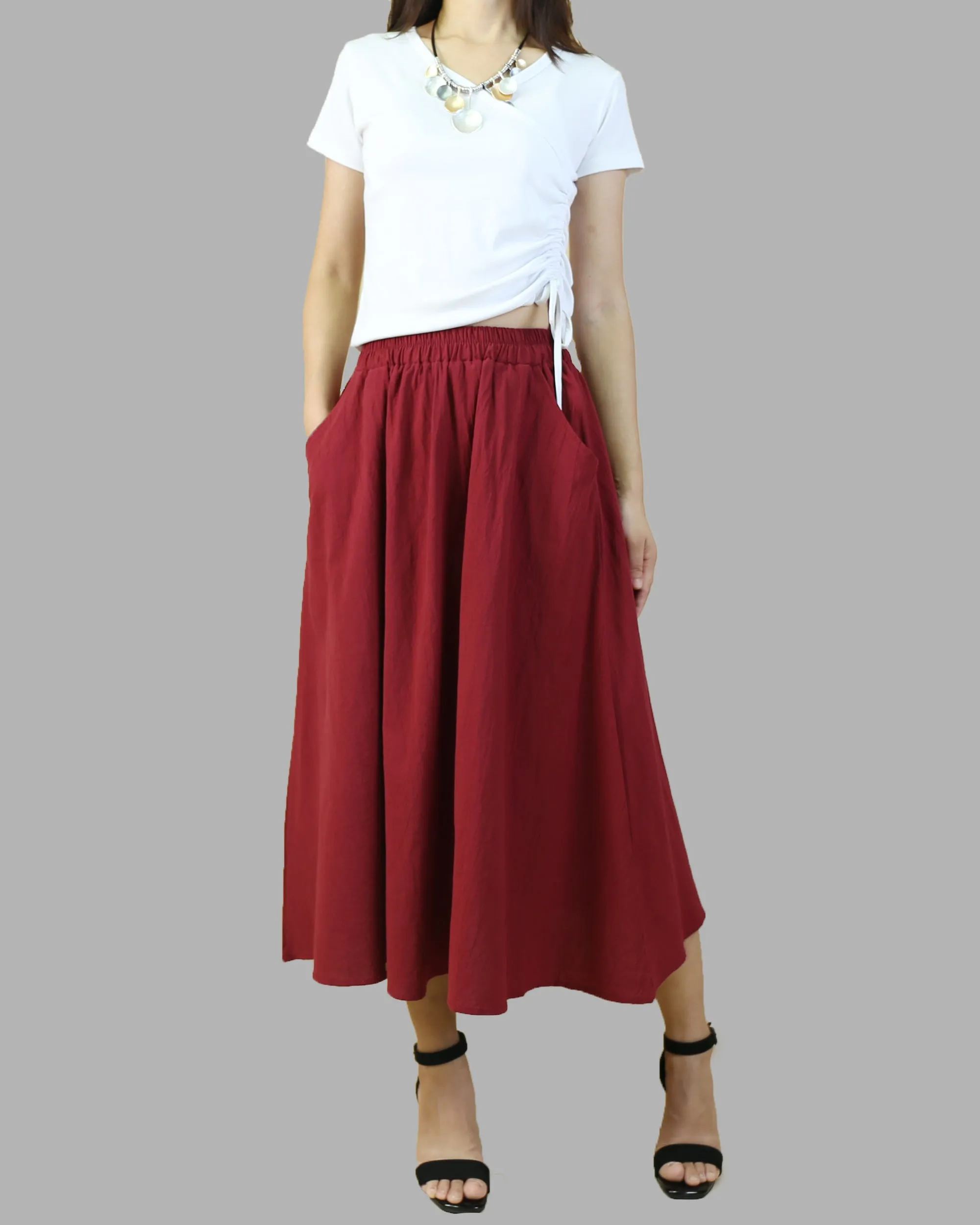 Elastic waist skirt, Midi linen skirt, Boho skirt with pockets, high waist skirt, flared skirt(Q1062)