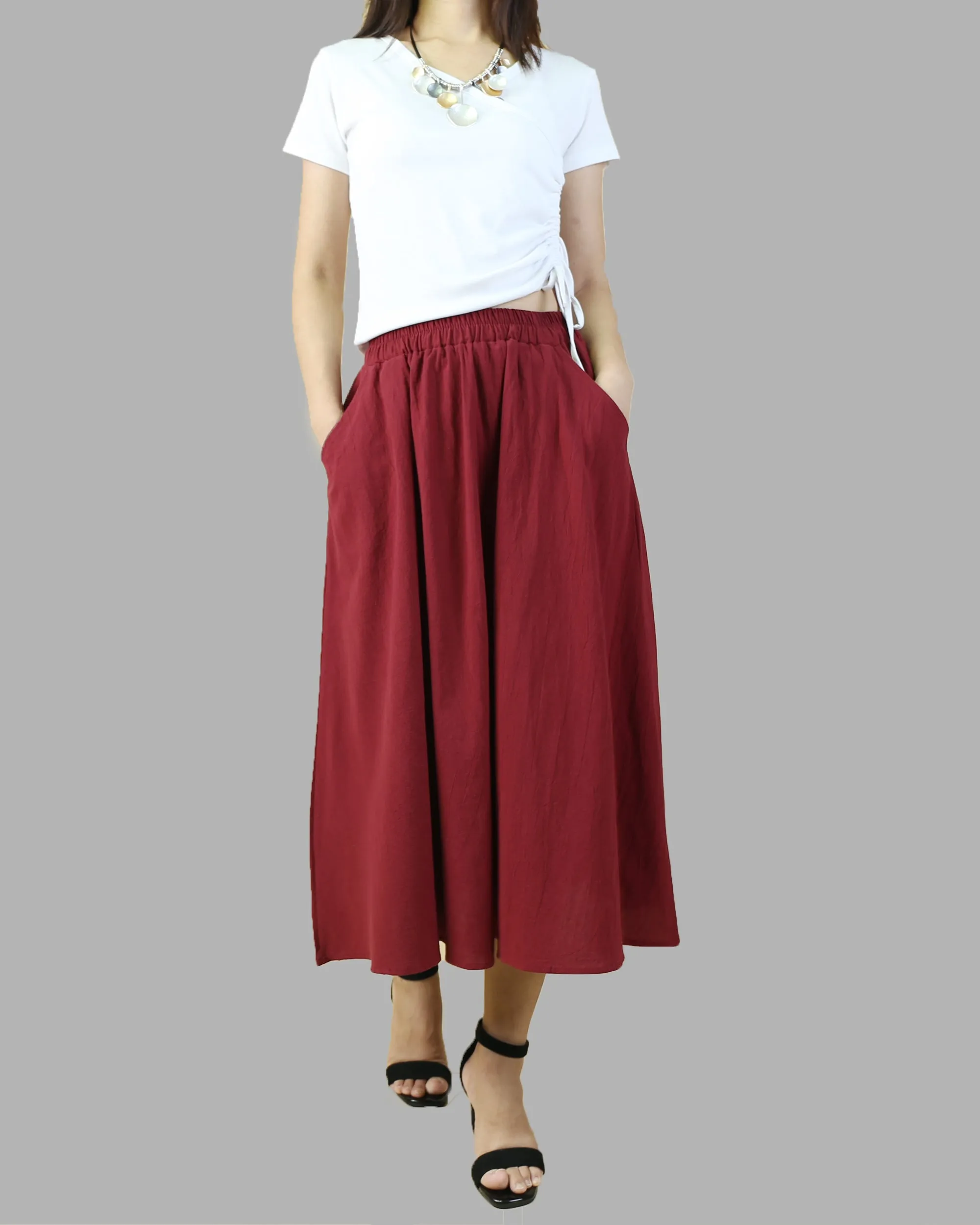 Elastic waist skirt, Midi linen skirt, Boho skirt with pockets, high waist skirt, flared skirt(Q1062)