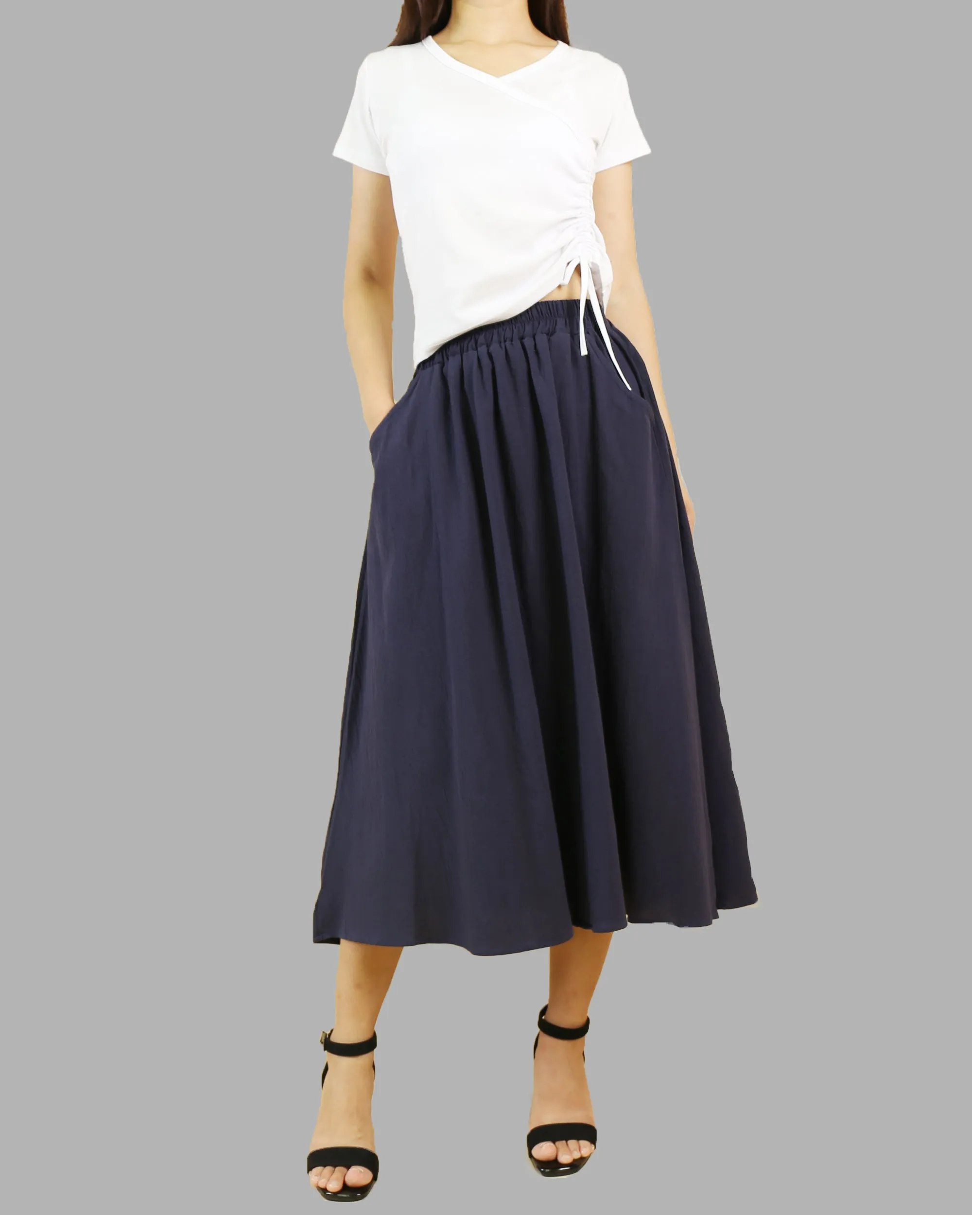 Elastic waist skirt, Midi linen skirt, Boho skirt with pockets, high waist skirt, flared skirt(Q1062)