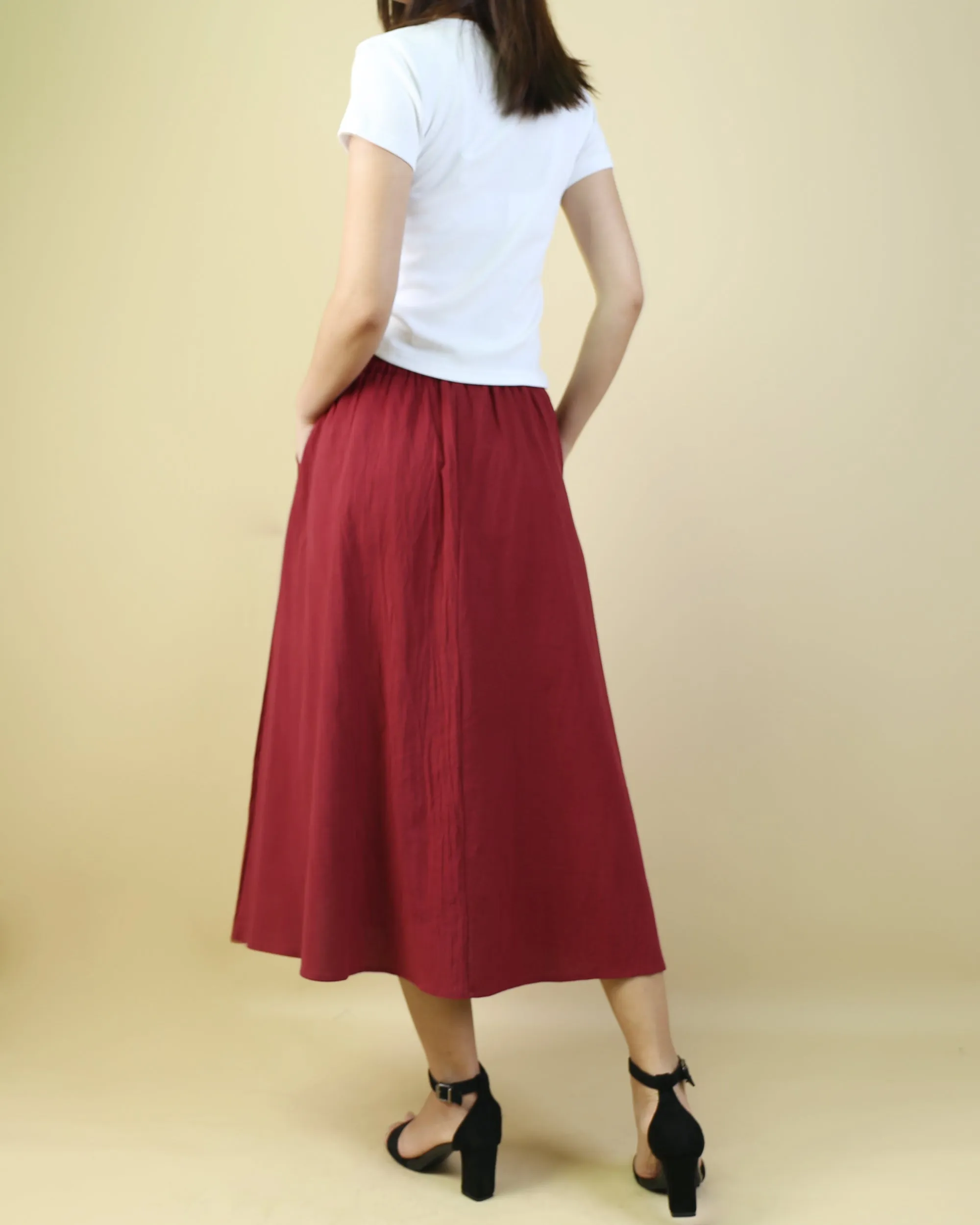 Elastic waist skirt, Midi linen skirt, Boho skirt with pockets, high waist skirt, flared skirt(Q1062)