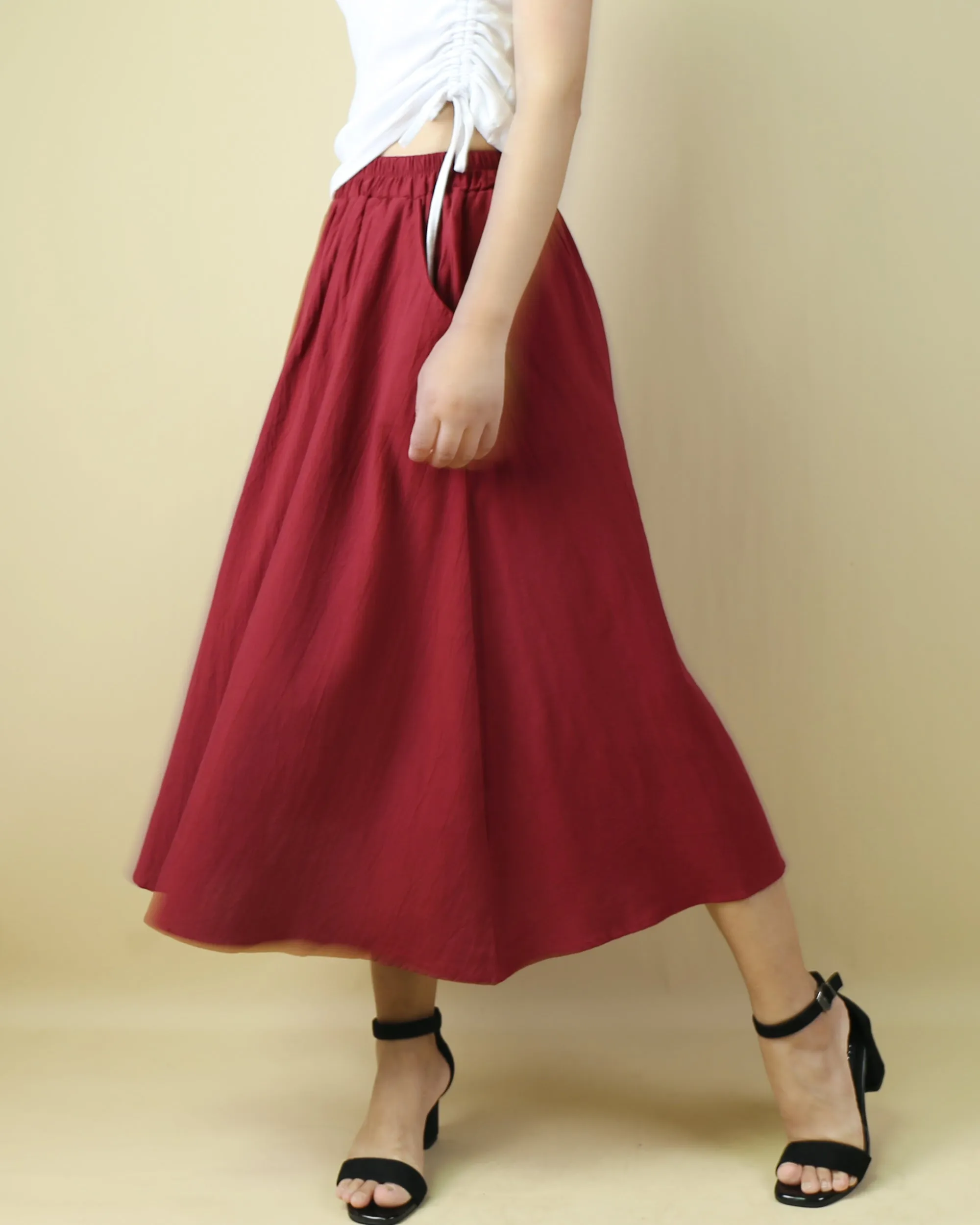 Elastic waist skirt, Midi linen skirt, Boho skirt with pockets, high waist skirt, flared skirt(Q1062)