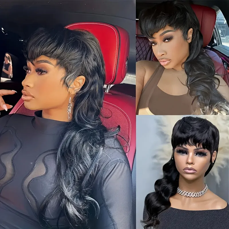 Elegant Deep Wave Pixie Wig for Women - High-Density, Trendy Mullet with Bangs, Comfort Cap