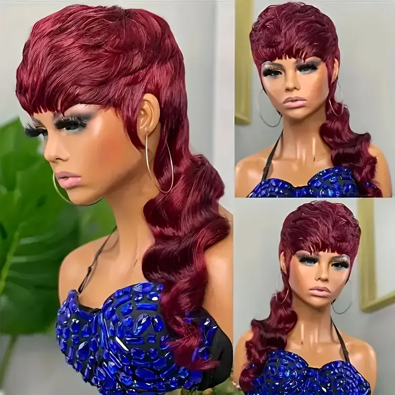 Elegant Deep Wave Pixie Wig for Women - High-Density, Trendy Mullet with Bangs, Comfort Cap