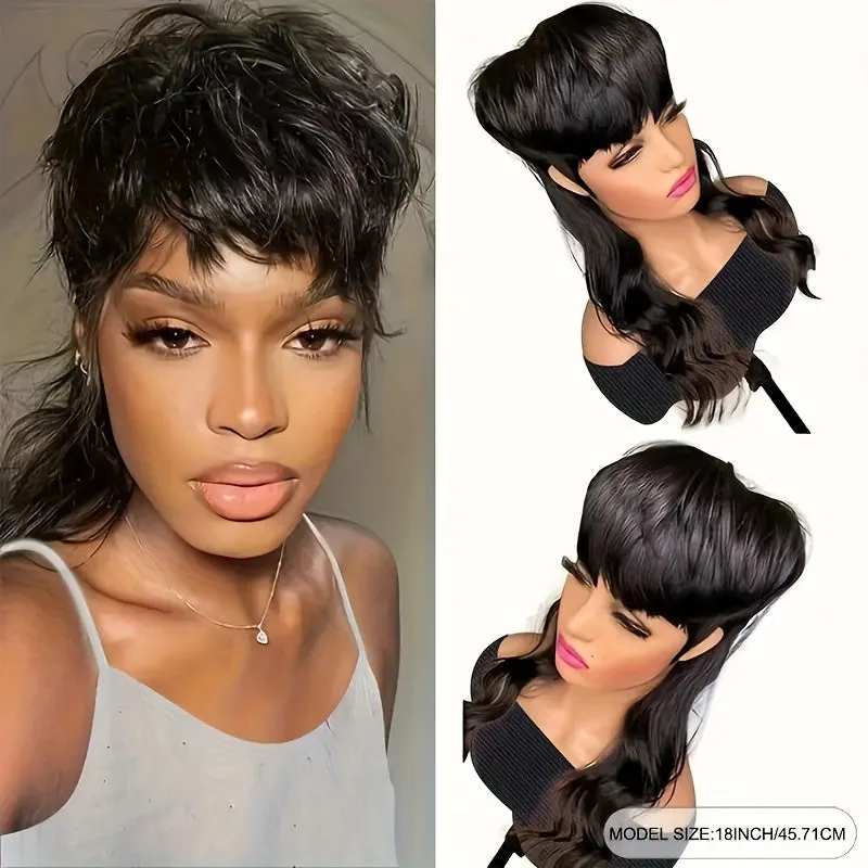 Elegant Deep Wave Pixie Wig for Women - High-Density, Trendy Mullet with Bangs, Comfort Cap