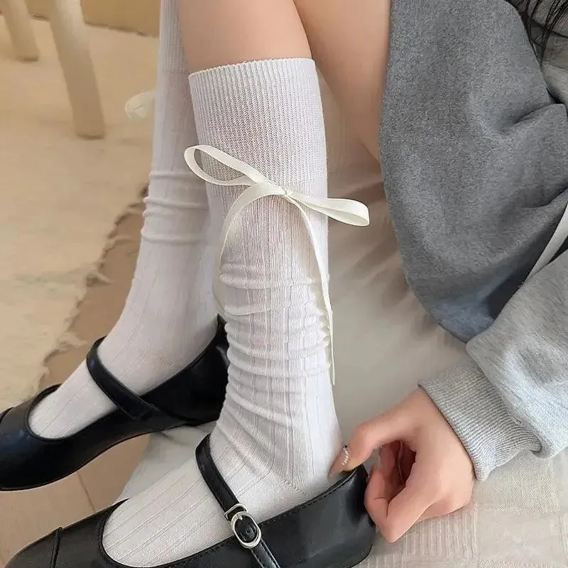 Elegant White Cute Knee High Socks with Ribbon Accents