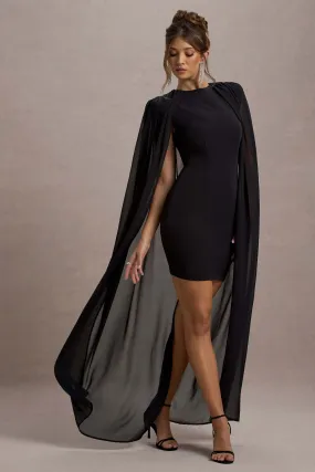 Elysium | Black Bodycon Mini Dress With Chiffon Cape