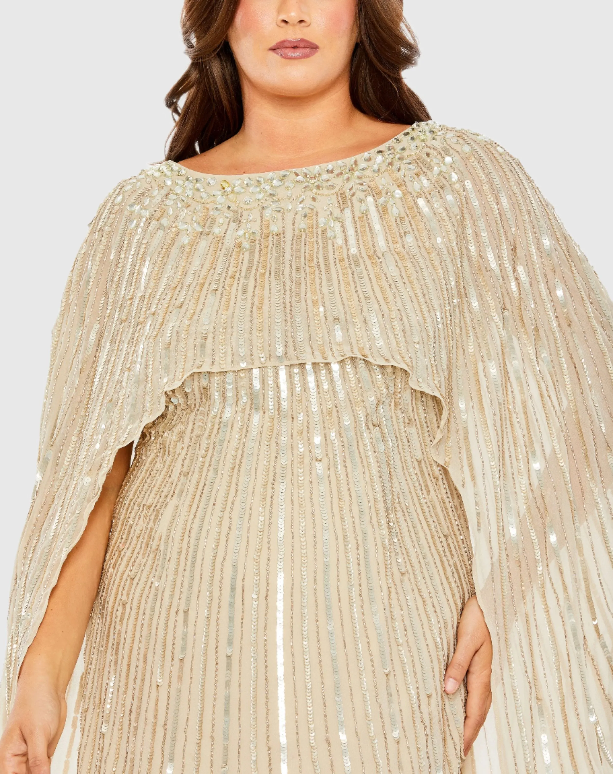 Embellished Column Cape Gown