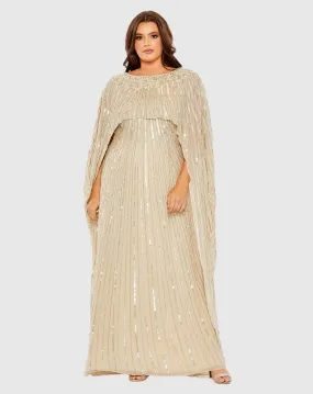 Embellished Column Cape Gown