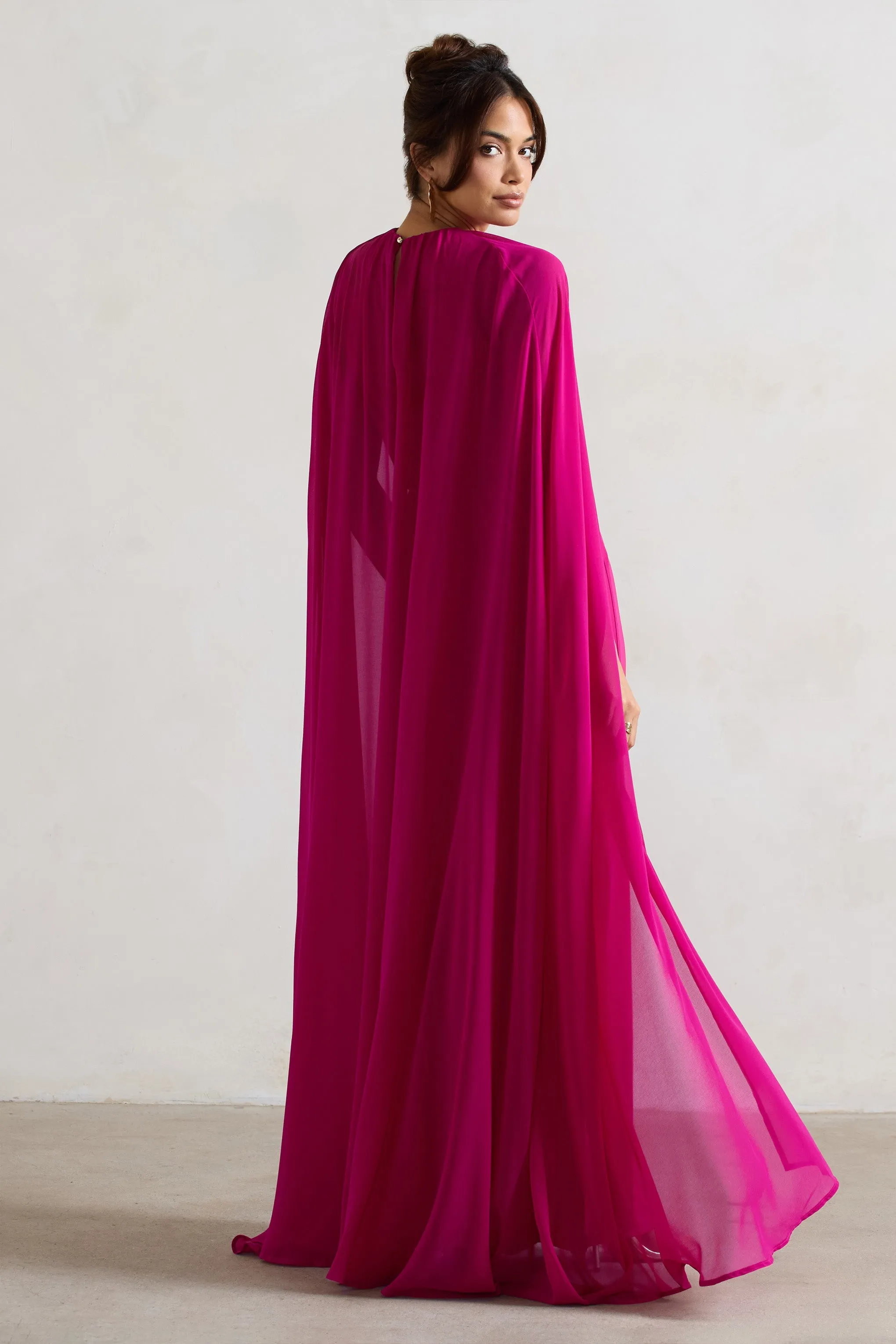 Envy | Pink High-Neck Maxi Dress With Chiffon Cape