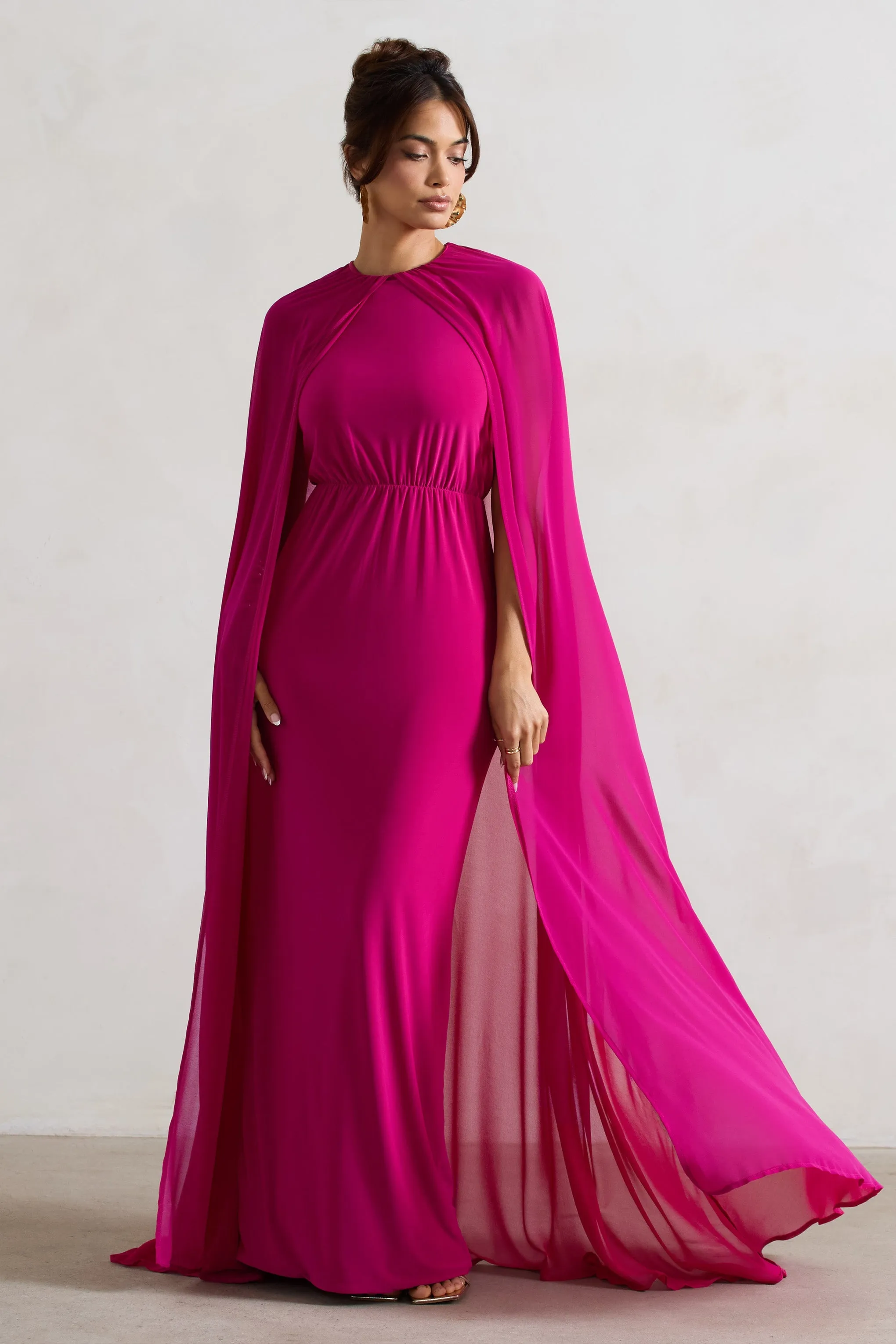 Envy | Pink High-Neck Maxi Dress With Chiffon Cape