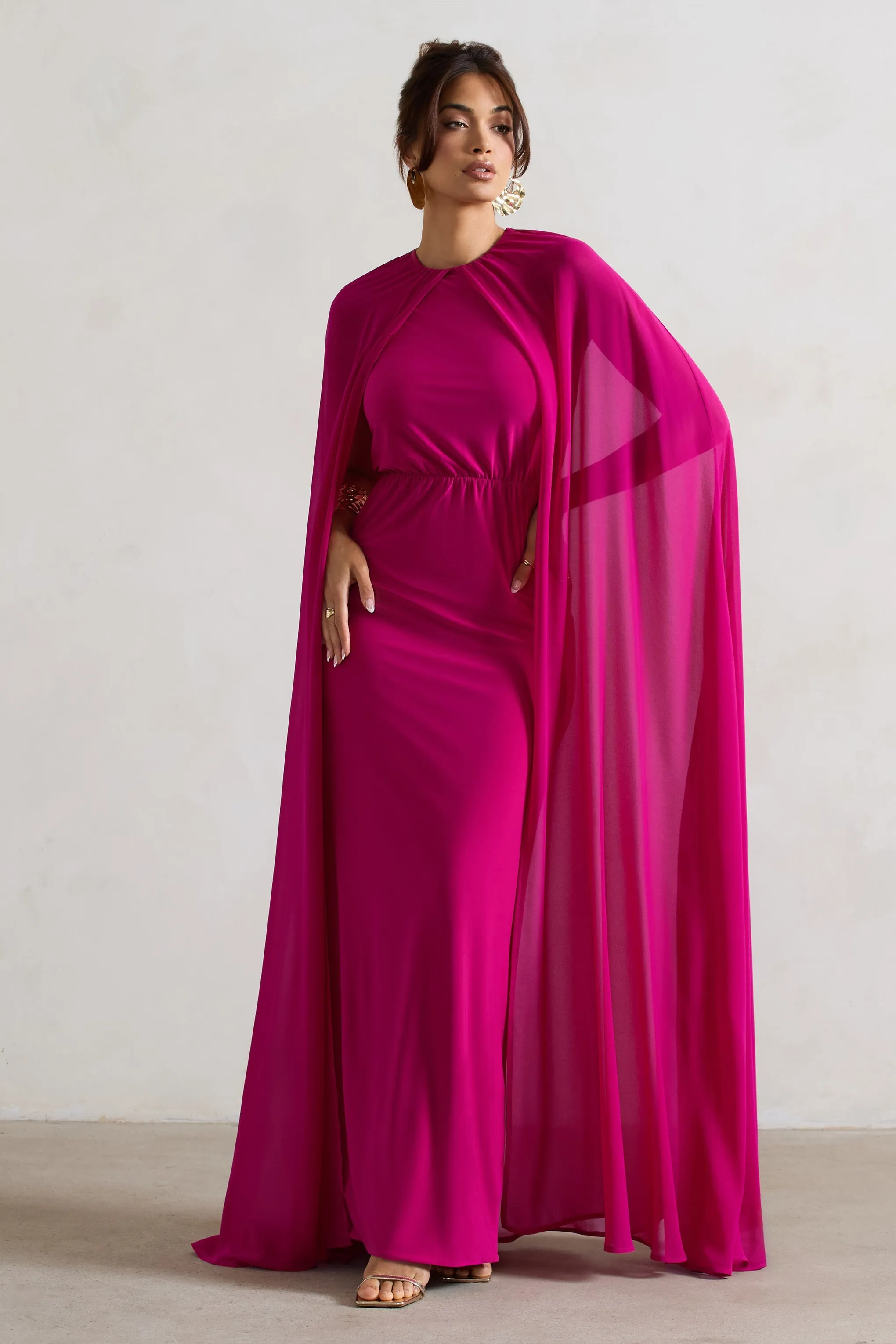 Envy | Pink High-Neck Maxi Dress With Chiffon Cape