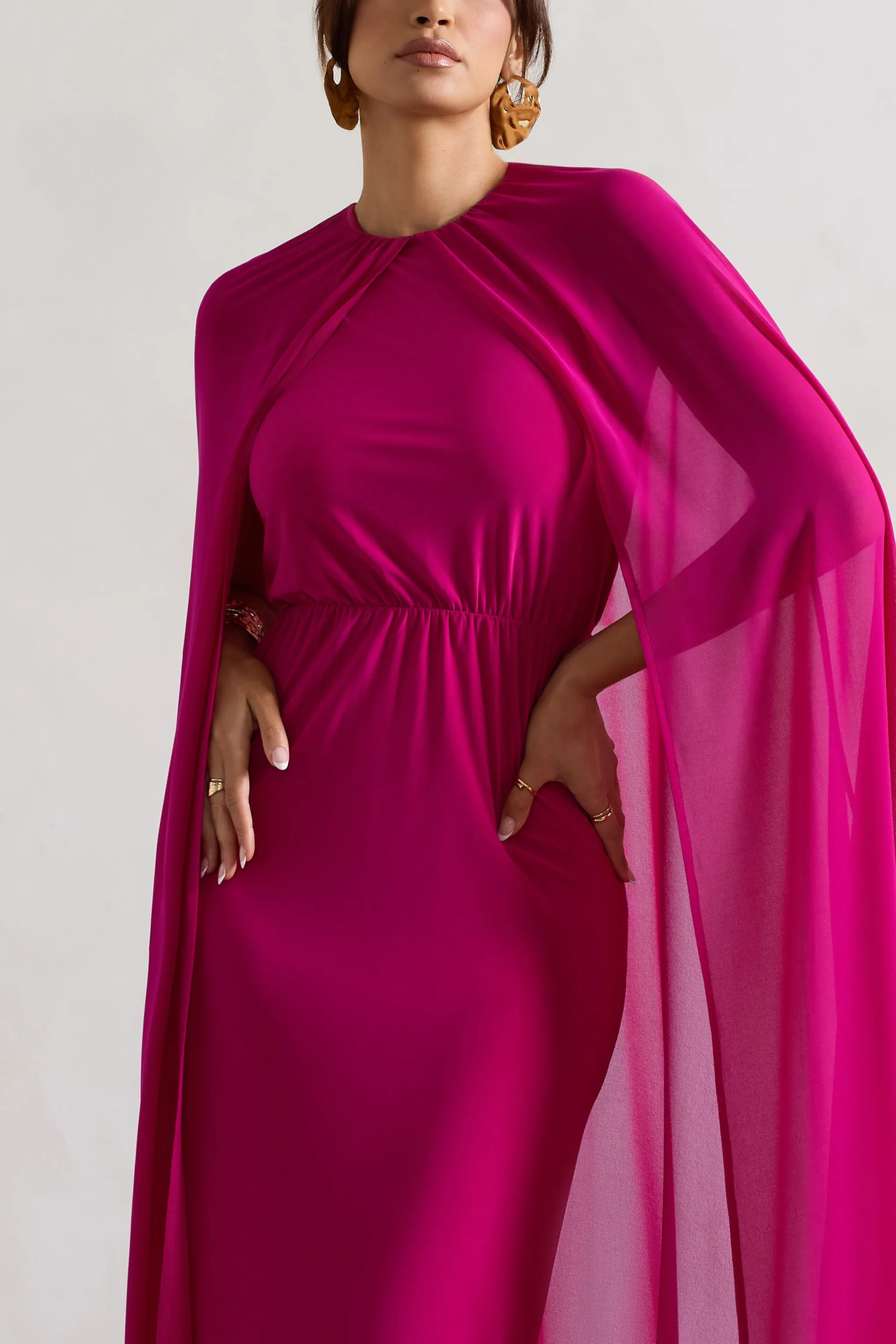 Envy | Pink High-Neck Maxi Dress With Chiffon Cape