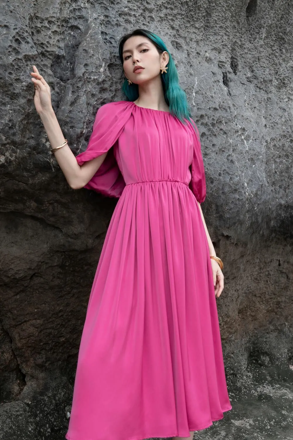 Falabelle Gathered Cape Sleeved Satin Midi Dress