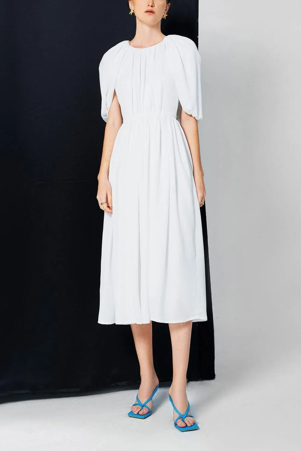 Falabelle Gathered Cape Sleeved Satin Midi Dress