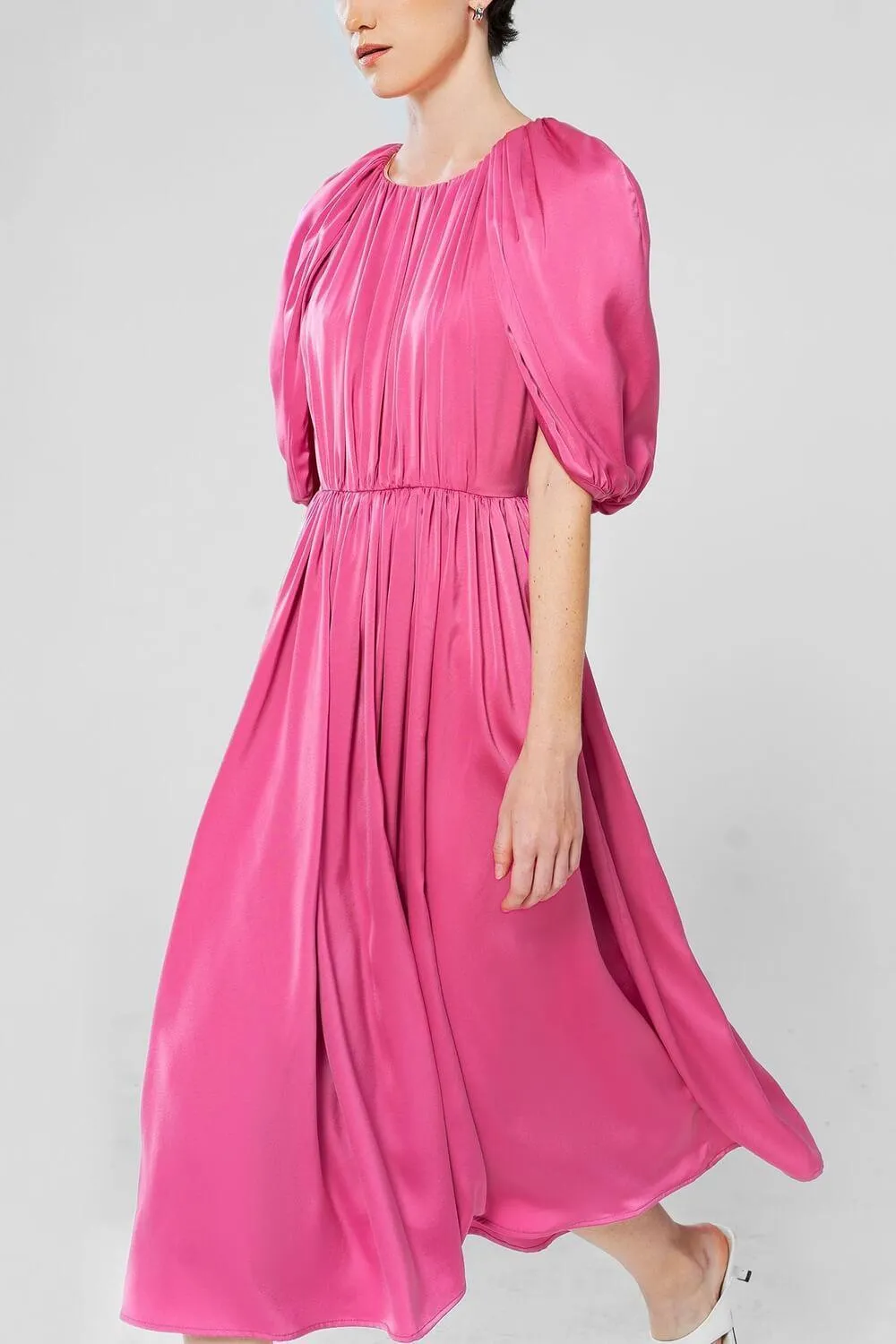 Falabelle Gathered Cape Sleeved Satin Midi Dress