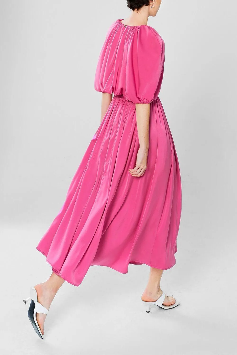 Falabelle Gathered Cape Sleeved Satin Midi Dress