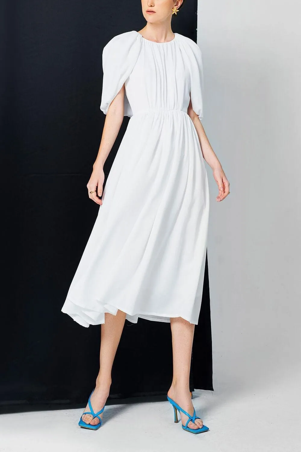 Falabelle Gathered Cape Sleeved Satin Midi Dress