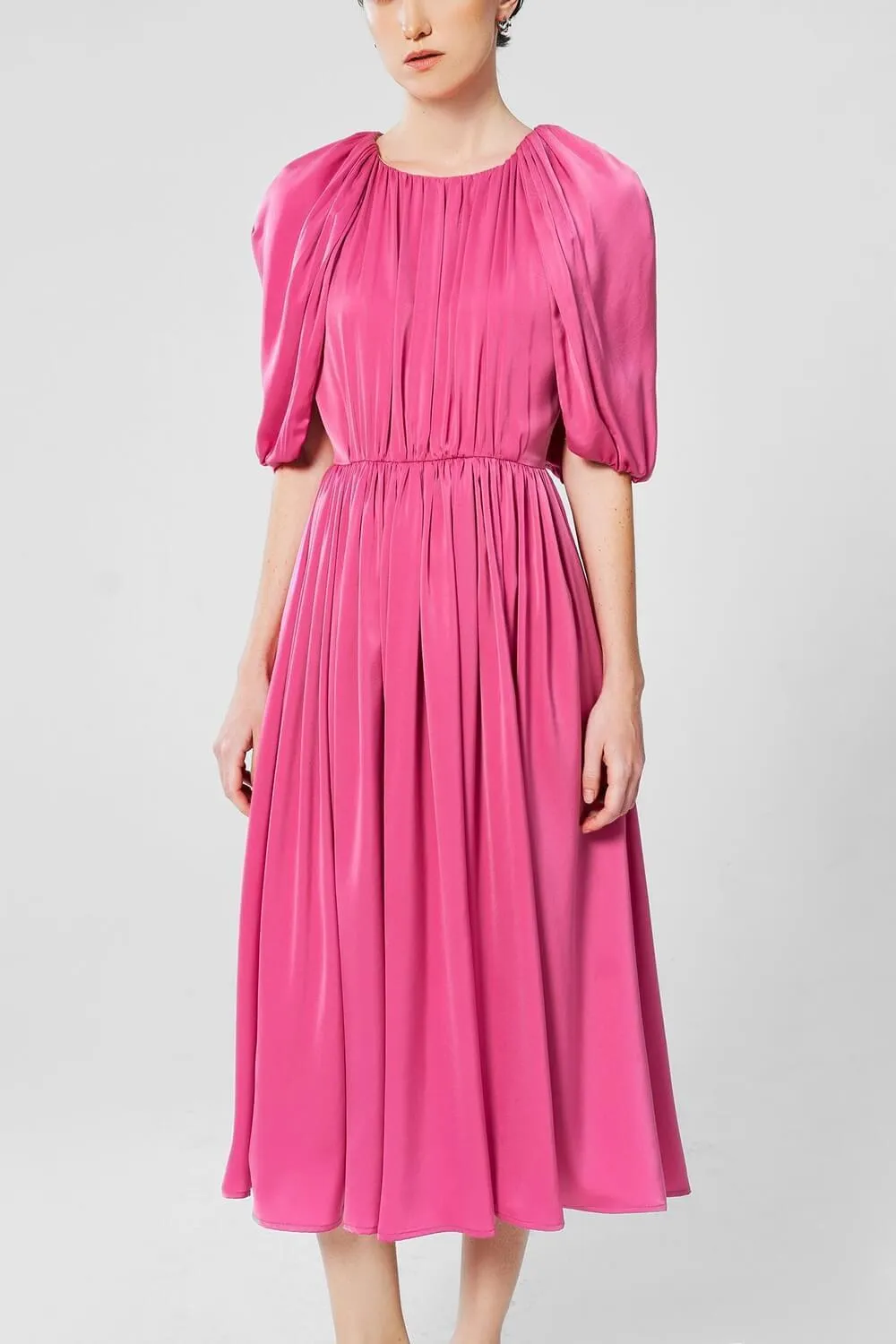 Falabelle Gathered Cape Sleeved Satin Midi Dress