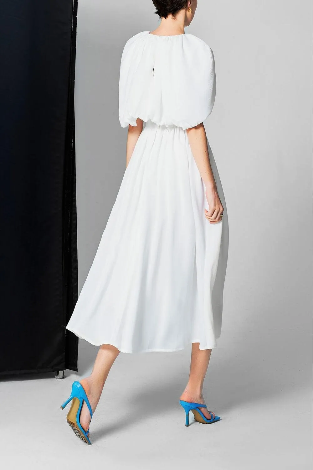 Falabelle Gathered Cape Sleeved Satin Midi Dress