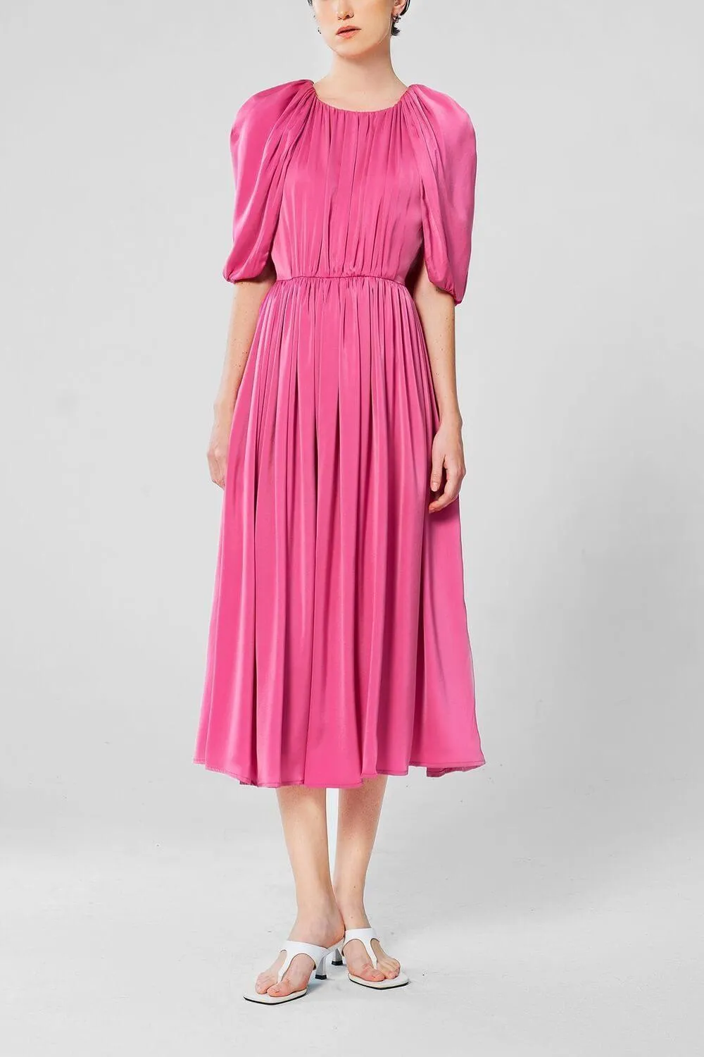 Falabelle Gathered Cape Sleeved Satin Midi Dress