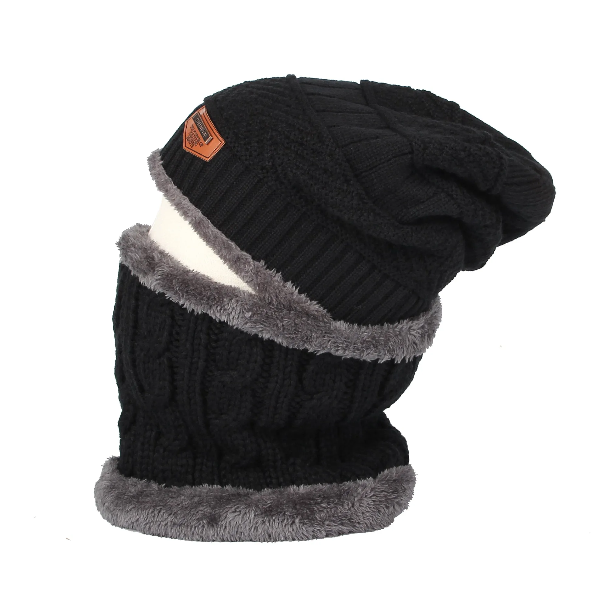 Fleece Winter Knit Beanie Hat Slouchy Cap Neck Warmer GZX0020