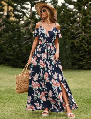 Floral Print Cold Shoulder Wrap Dress