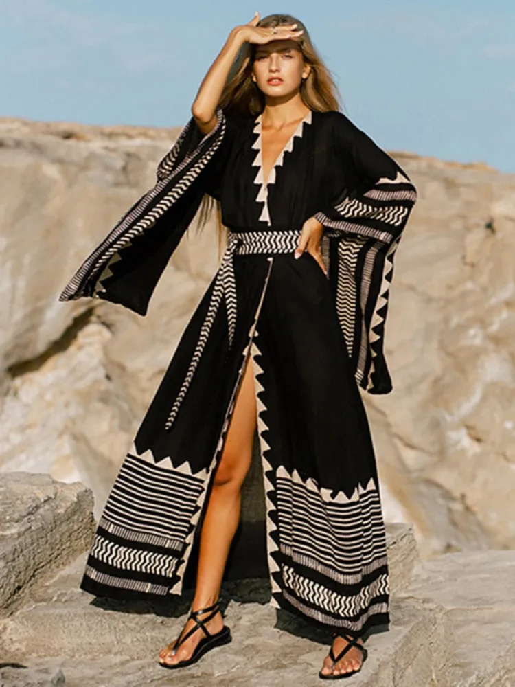 FORERUN Bikini Cover Up Bohemian Beach Kimonos for Women Fashion Elegant Geometric Black Wrap Dresses Beachwear Swimsuit