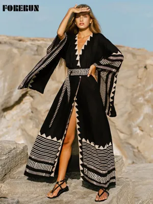 FORERUN Bikini Cover Up Bohemian Beach Kimonos for Women Fashion Elegant Geometric Black Wrap Dresses Beachwear Swimsuit