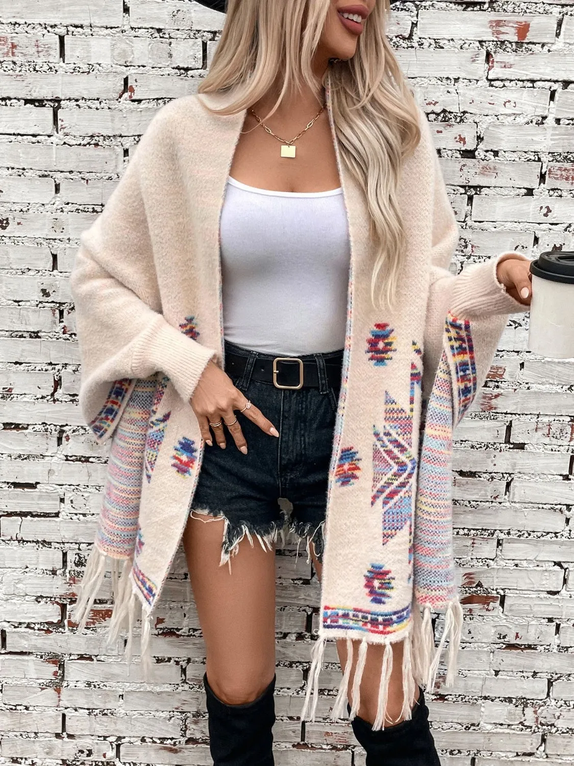 Fringe Geometric Open Front Long Sleeve Cape