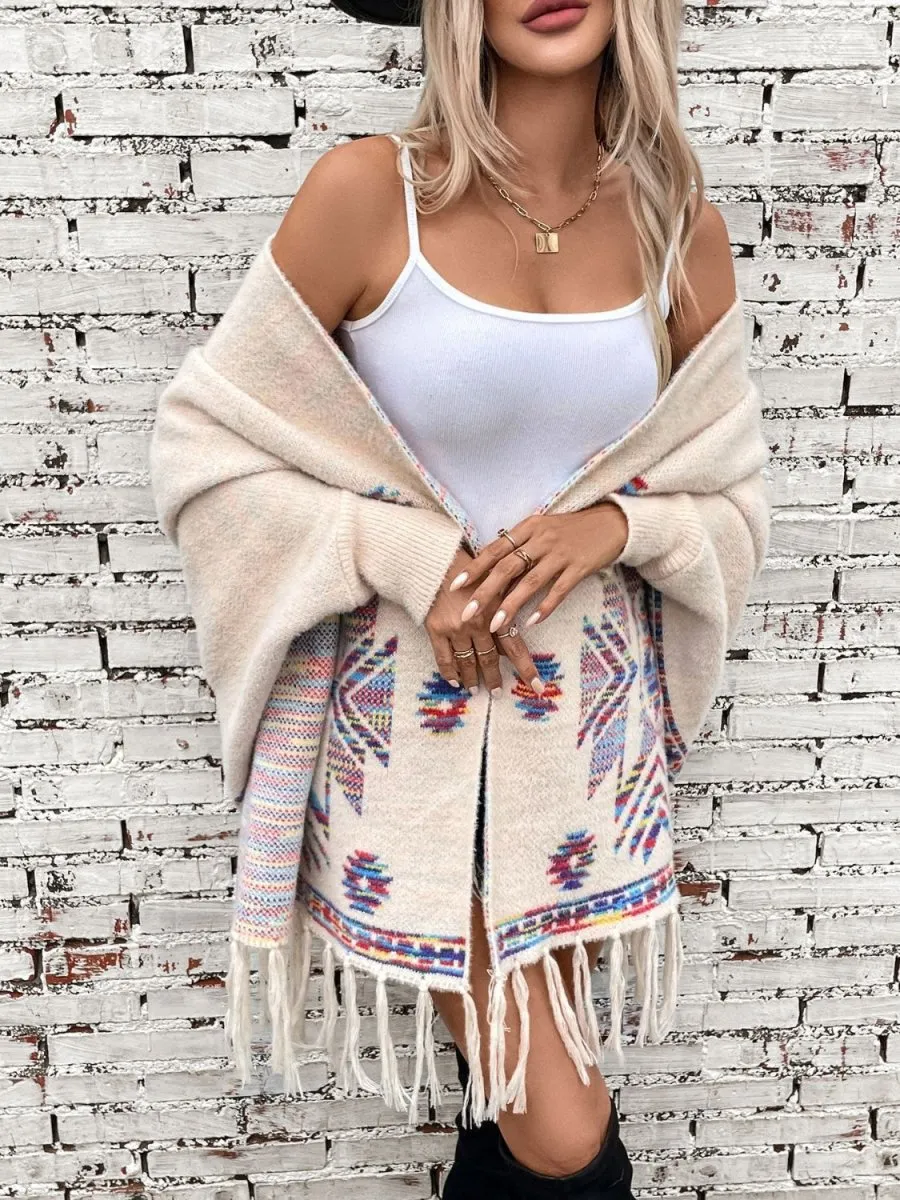 Fringe Geometric Open Front Long Sleeve Cape