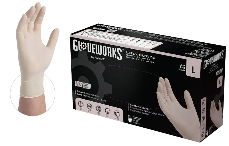 Gloveworks TLF46100 Disposable Gloves, L, Latex, Powder-Free, Ivory, 14.37 in L :BX100: QUANTITY: 1