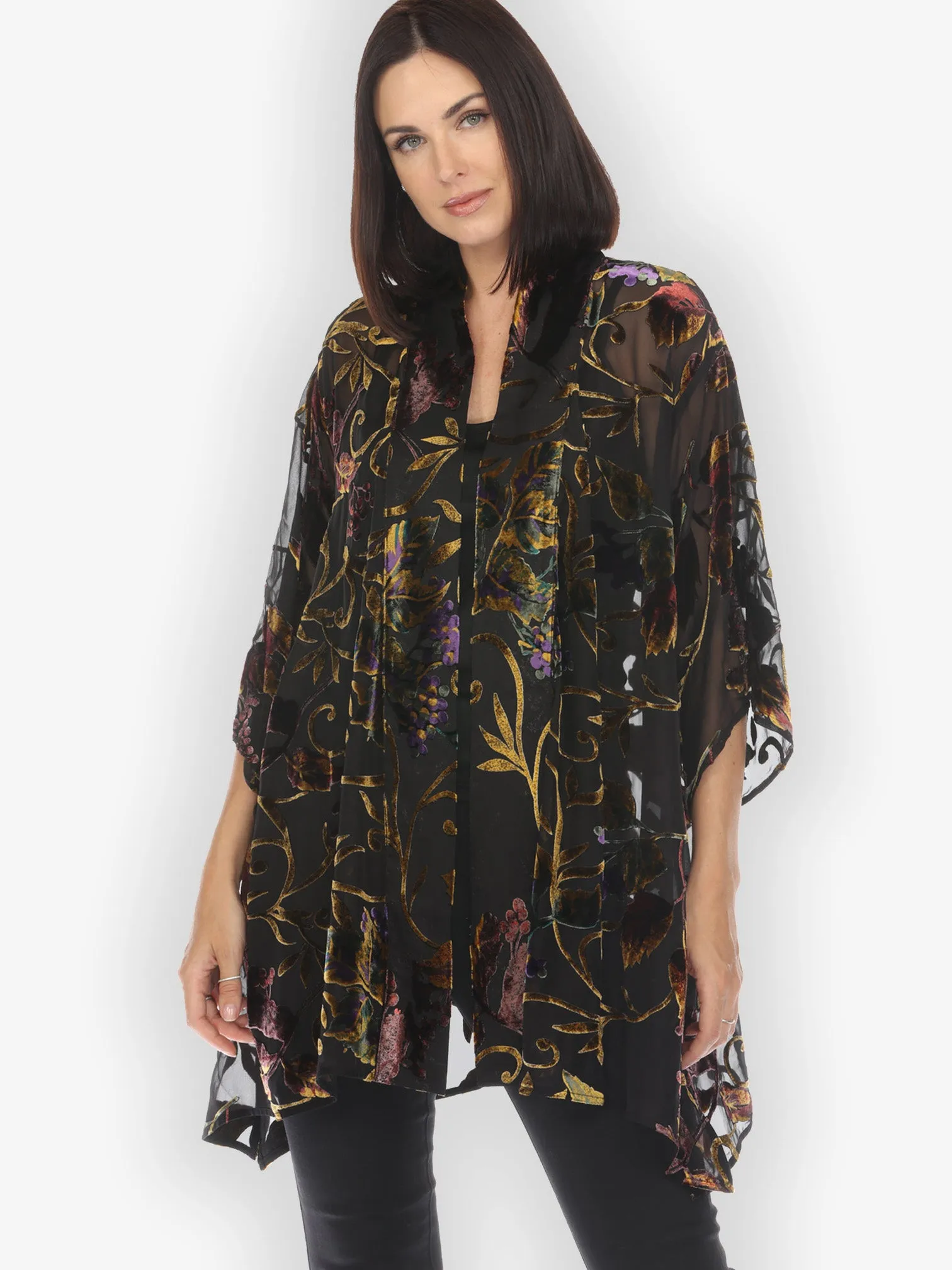 Gold Leaf and Flower Velvet KImono Jacket