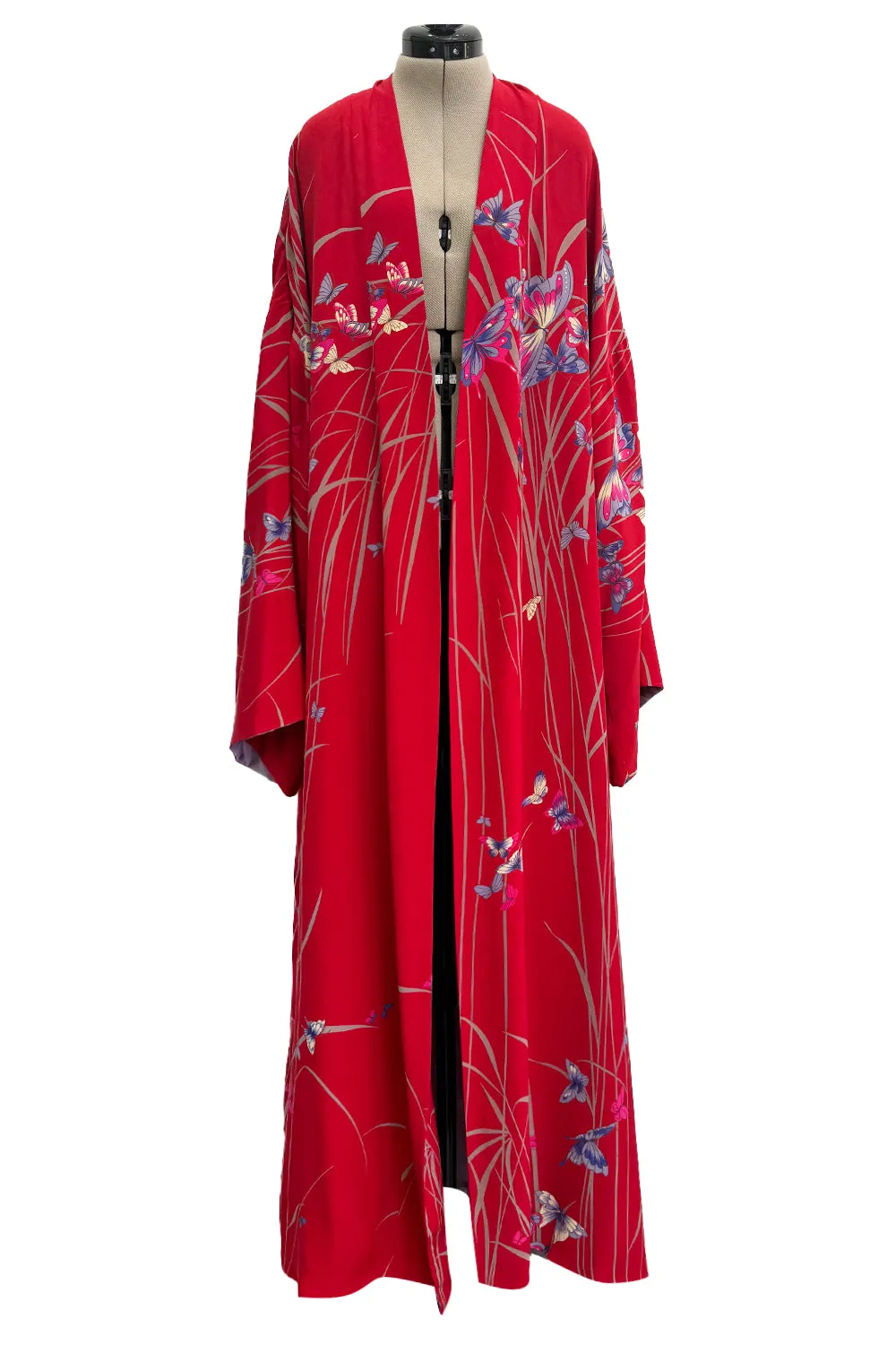 Gorgeous 1970s Hanae Mori Red Silk Kimono Caftan Jacket/Coat w Beautiful Butterfly Print