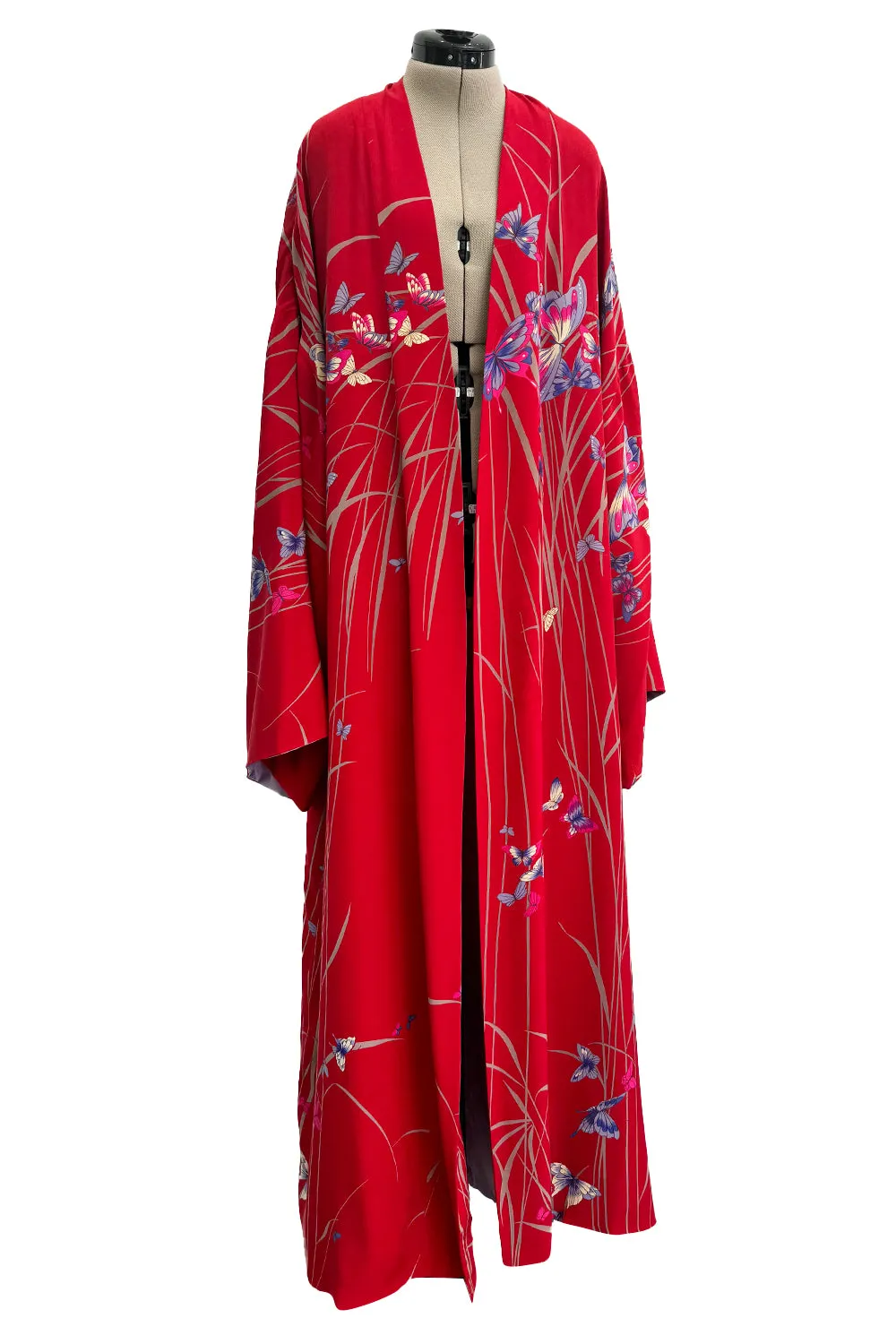 Gorgeous 1970s Hanae Mori Red Silk Kimono Caftan Jacket/Coat w Beautiful Butterfly Print