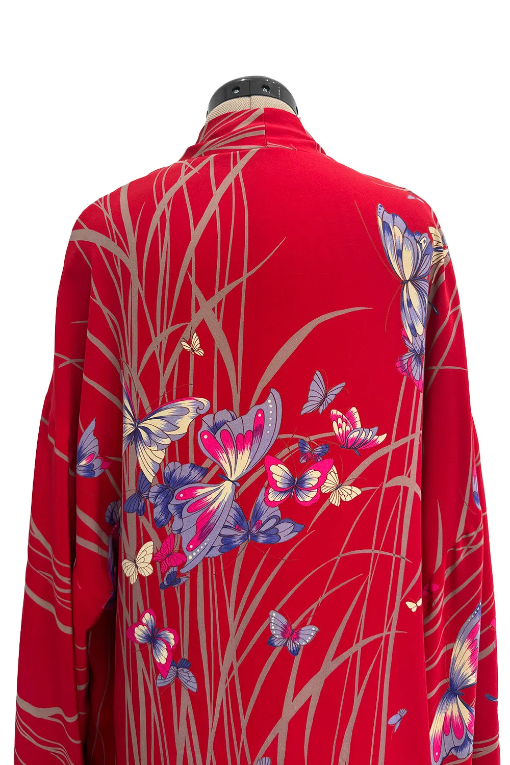 Gorgeous 1970s Hanae Mori Red Silk Kimono Caftan Jacket/Coat w Beautiful Butterfly Print