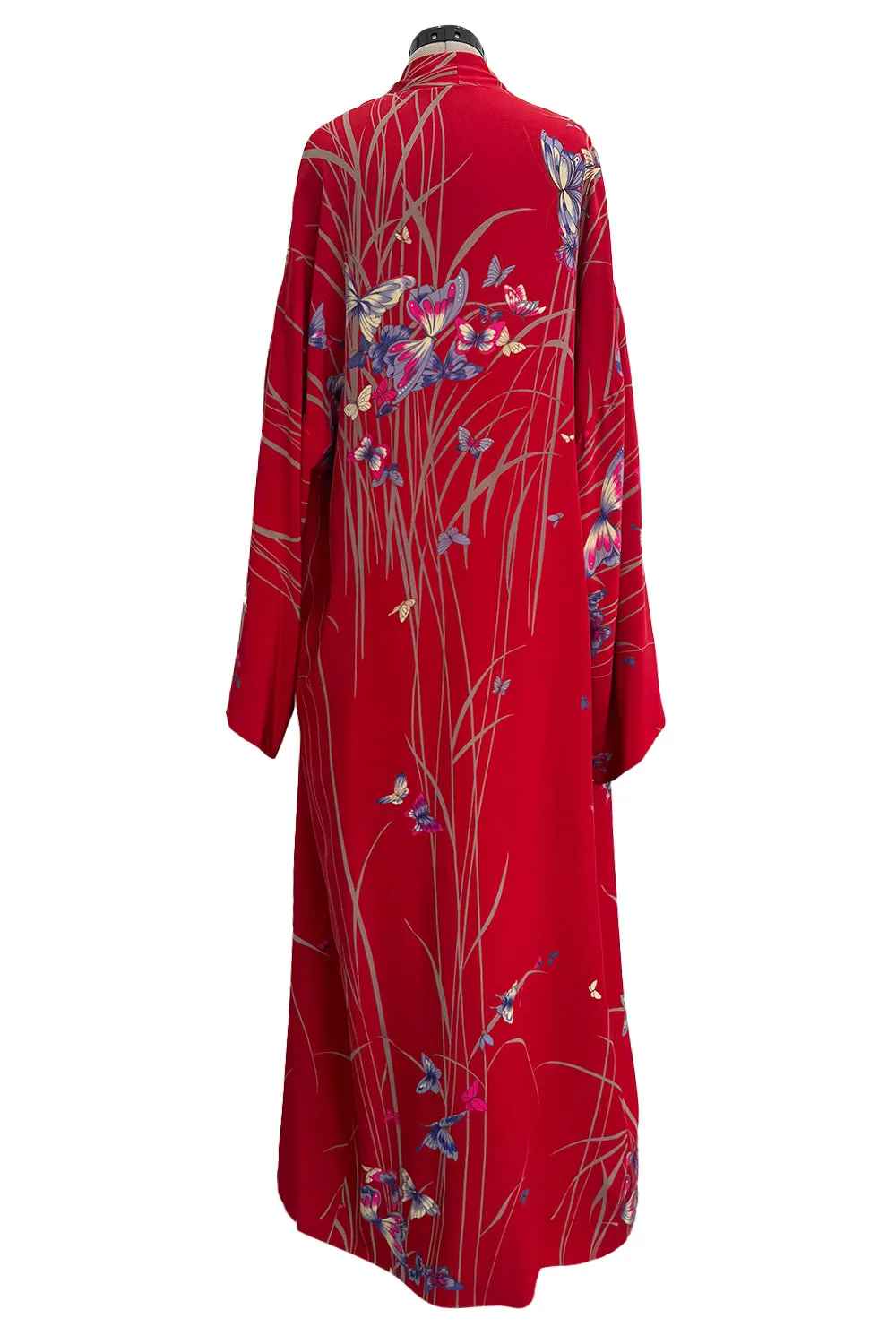 Gorgeous 1970s Hanae Mori Red Silk Kimono Caftan Jacket/Coat w Beautiful Butterfly Print