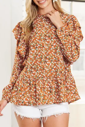 Gothic Outlaws Orange Ditsy Floral Boho Ruffle Long Sleeve Blouse 🍊 – Because You Deserve to Feel Effortlessly Stunning