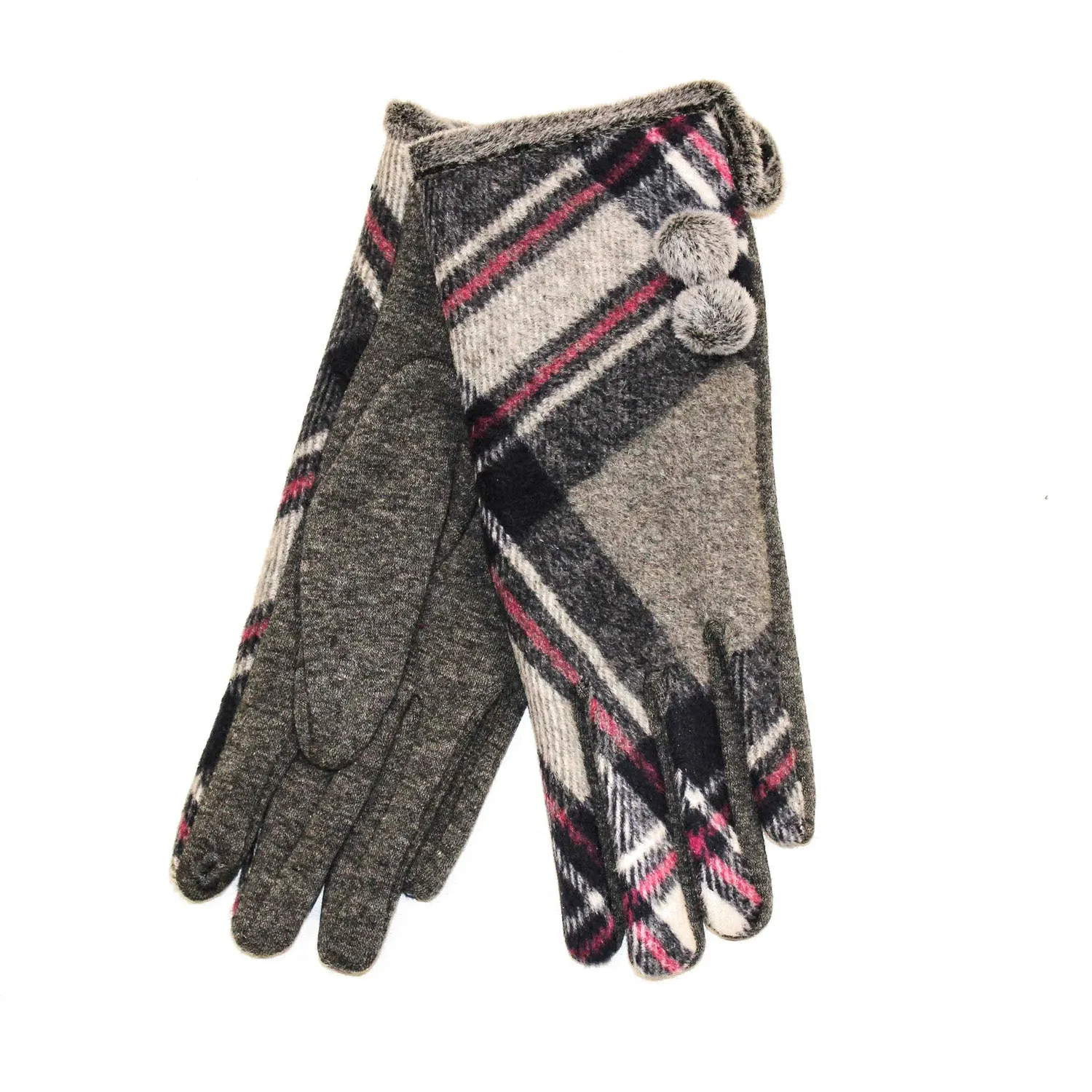 Grey Tartan Ladies Gloves With Pom Pom