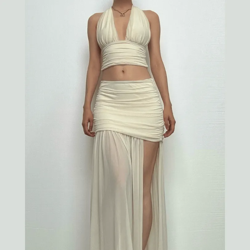 Halter ruched deep v neck high slit mesh maxi skirt set