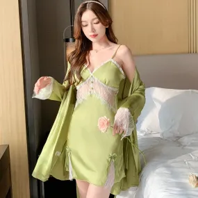 High Quality Women's Pajamas Robe Set Sexy Lace Bathrobe Deep V Sling Dress Sleepwear Homewear Nightgown Femme Petite