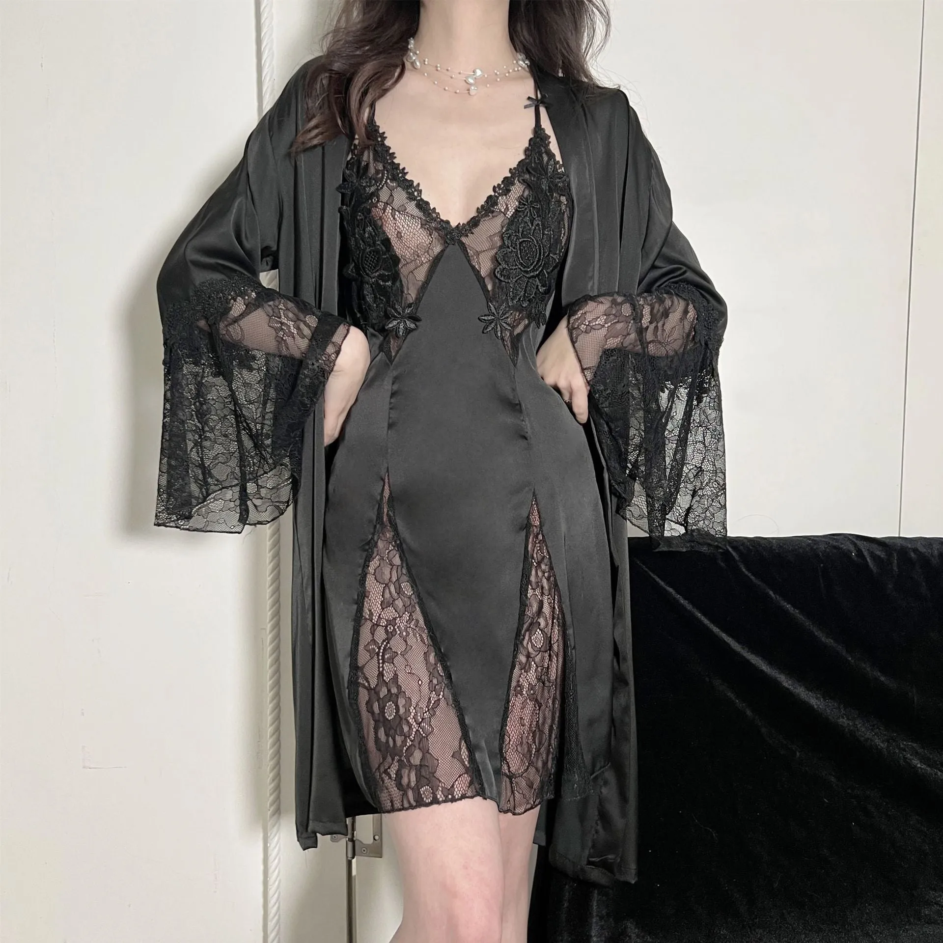 High Quality Women's Pajamas Robe Set Sexy Lace Bell Sleeve Bathrobe Hollow Sling Dress Sleepwear Homewear Nightgown