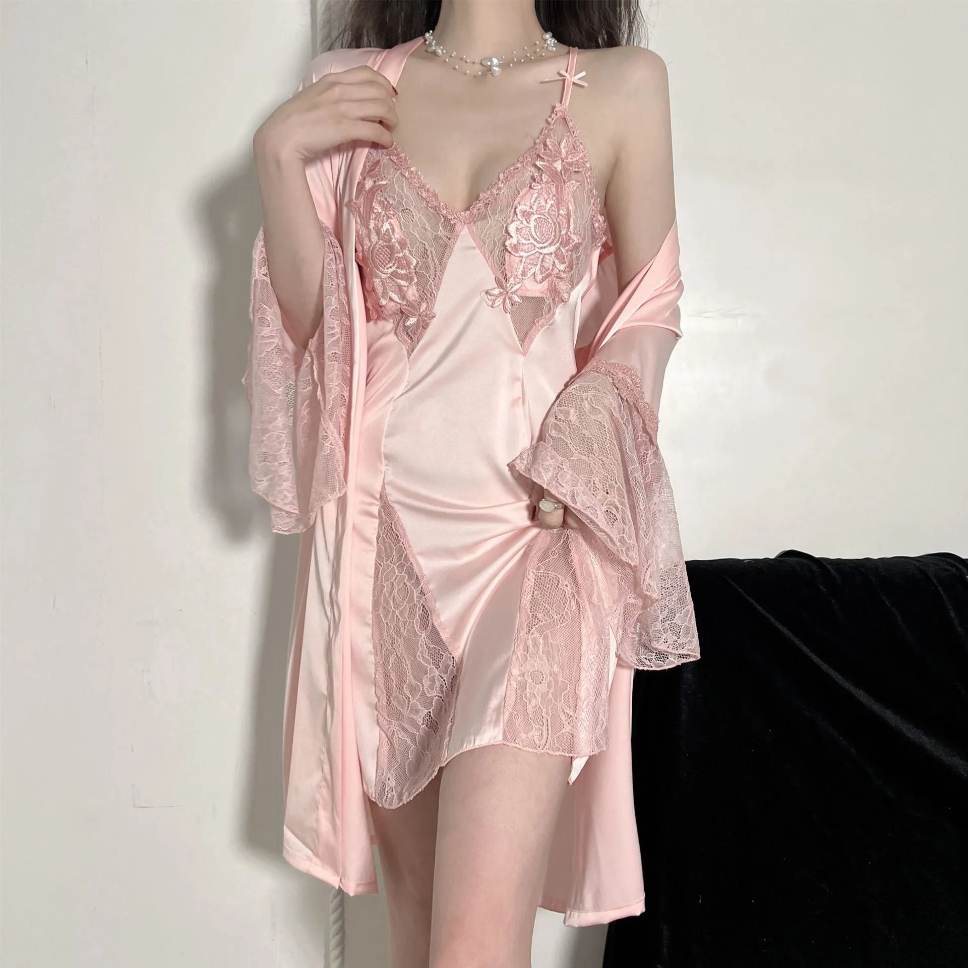 High Quality Women's Pajamas Robe Set Sexy Lace Bell Sleeve Bathrobe Hollow Sling Dress Sleepwear Homewear Nightgown